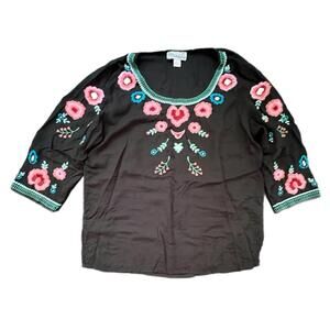 Embroidered Black Top with Floral Accents - XL